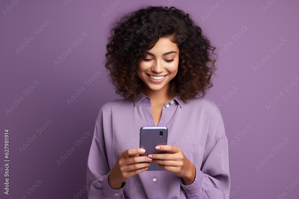 woman using cell phone violet background woman using cell phone violet background