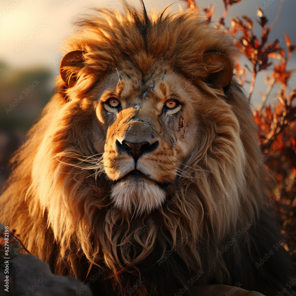  A very realistic lion at dusk on a rock 
