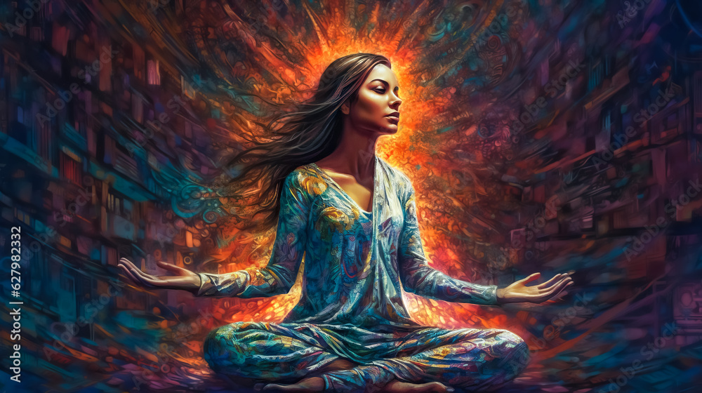 beautiful woman sitting in lotus pose. Meditation, yoga, kundalini, tantra, ayurveda, aura, chakras