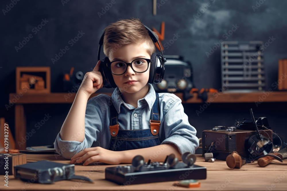Portrait of schoolboy at the desk in retro style. Education concept. Back to school. Generative AI