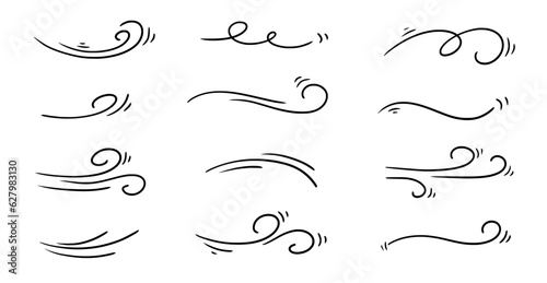 Doodle wind line sketch set. Hand drawn doodle wind motion, air blow, swirl elements. Sketch drawn air blow motion, smoke flow art, abstract line. Isolated vector illustration.