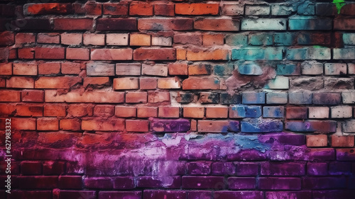 Magenta purple red brown green old brick wall background. Generative Ai