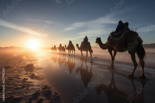 Fotobehang Caravan camels water sunrise. Generate Ai