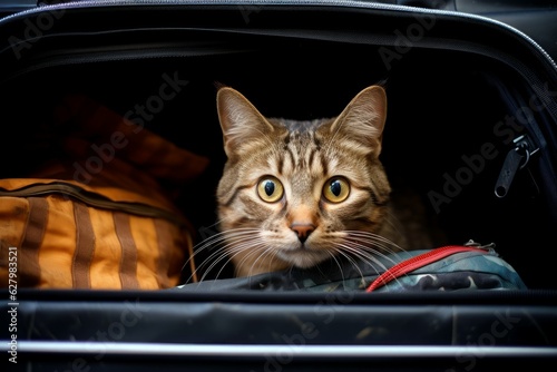 Cat sitting trunk car hide. Generate Ai
