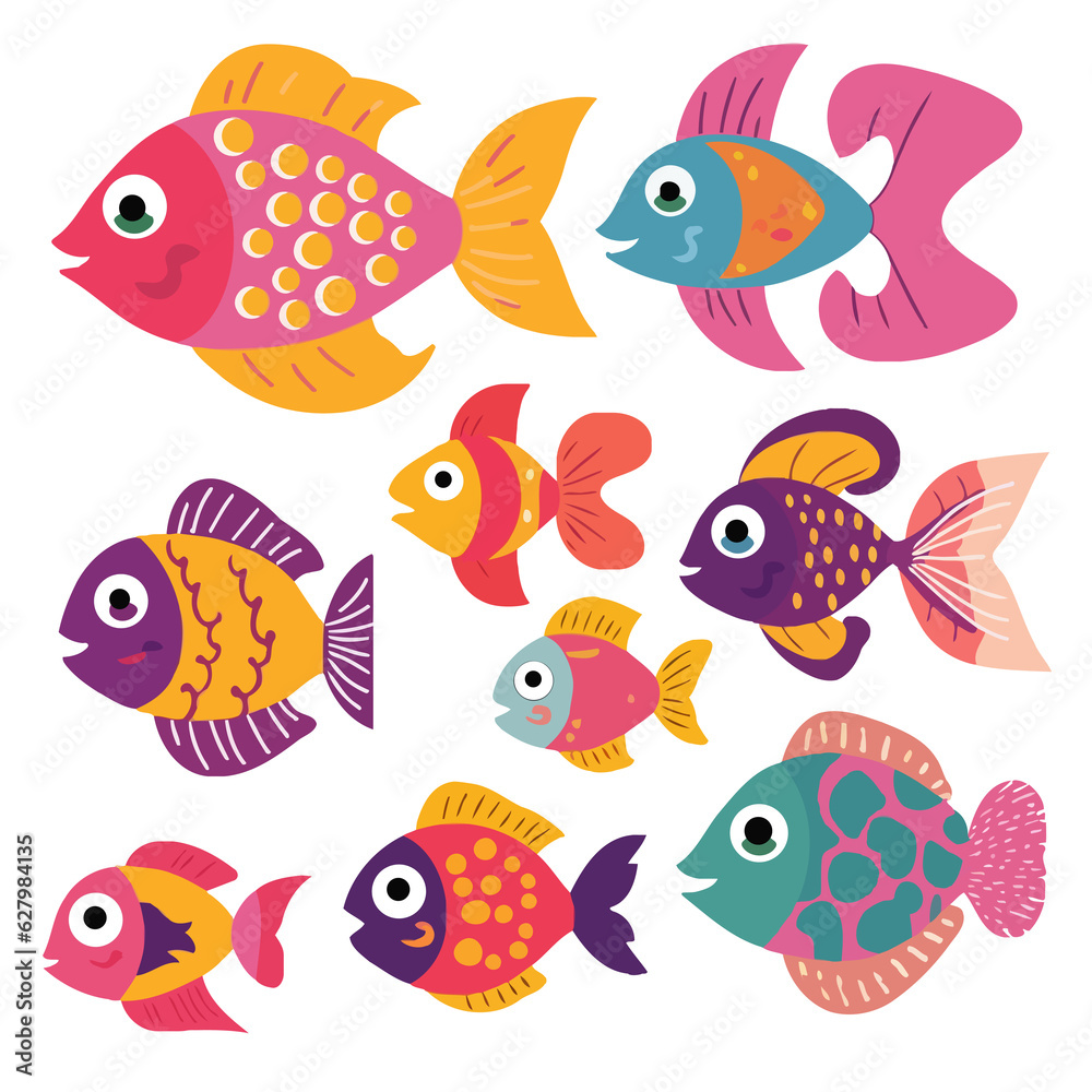 Different kinds of cartoon stylish colorful fish collection, sea life for aquarium, clip art, nursery game vector illustration