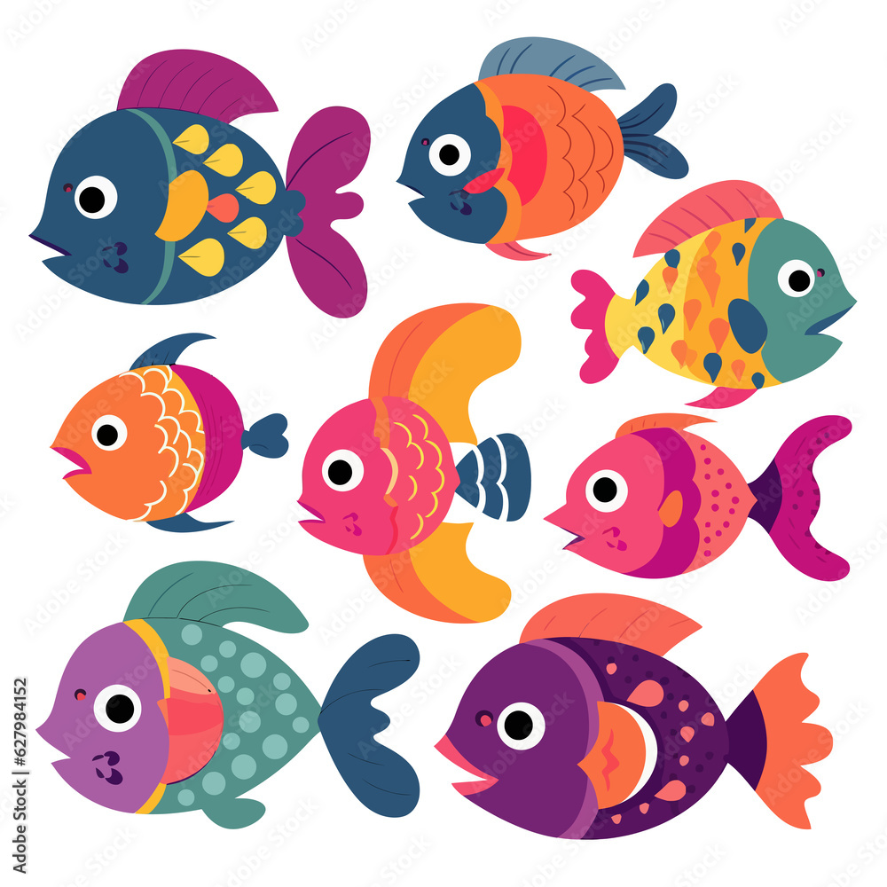 Different kinds of cartoon stylish colorful fish collection, sea life for aquarium, clip art, nursery game vector illustration
