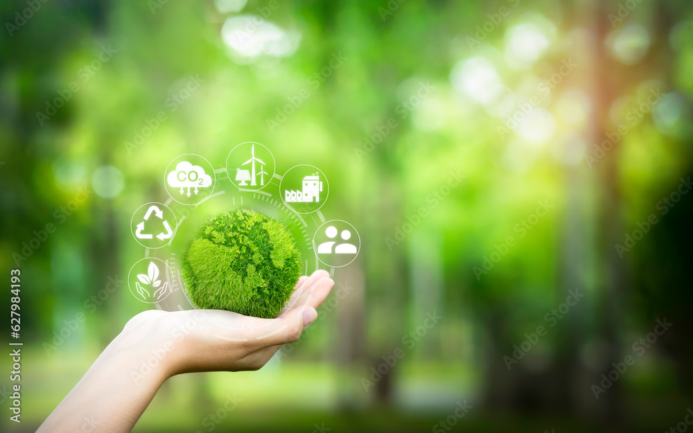 Environmental protection concept helping clean earth and protect energy with icons related to carbon reduction Environmental protection concept helping clean earth and protect energy with icons related to carbon reduction