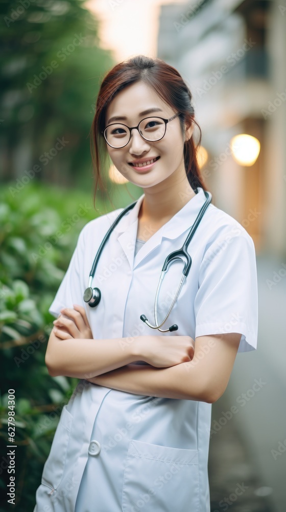 A woman with a stethoscope standing in front of a bush. Generative AI. A woman with a stethoscope standing in front of a bush. Generative AI.