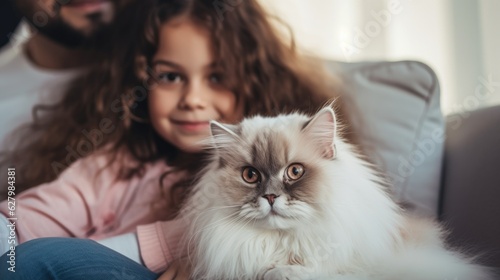 A man and a little girl sitting on a couch with a cat. Generative AI.