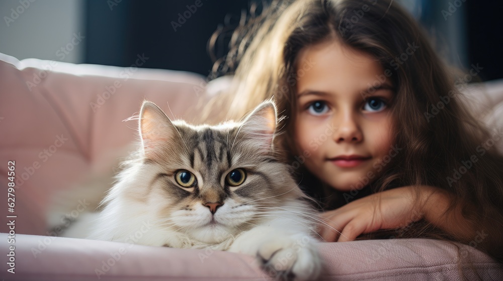 A little girl laying on a couch with a cat. Generative AI. A little girl laying on a couch with a cat. Generative AI.