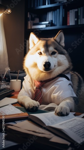 A dog wearing a tie sitting at a desk. Businessman. Generative AI.