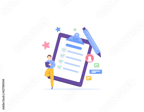 Questionnaire or checklist. A respondent leans back and fills out a survey on the clipboard. Put a check mark on the form paper. answer questions. gather and gain information from respondents