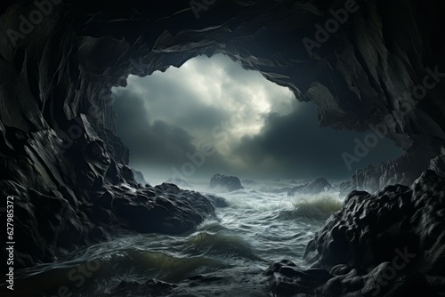 Cloudy sea storm from cave. Generate Ai