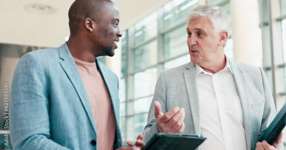 Tablet, walking business people or manager happy for sales data, partnership or research information. CEO, leader or team consulting on target audience review, feedback or customer experience success
