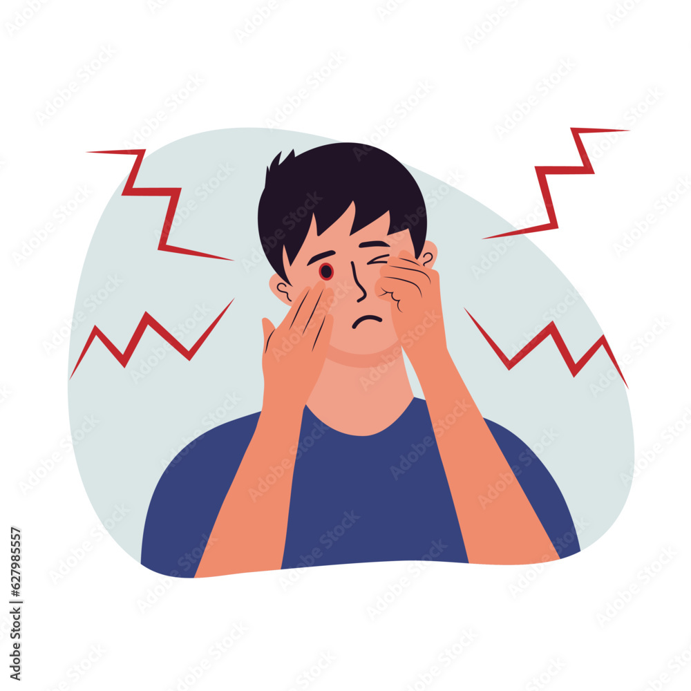 Man with eye redness symptom, inflammation and injury of eye. Conjunctivitis. Tearfulness. Symptom of eye disease. Sore eye. Man with eye redness symptom, inflammation and injury of eye. Conjunctivitis. Tearfulness. Symptom of eye disease. Sore eye.