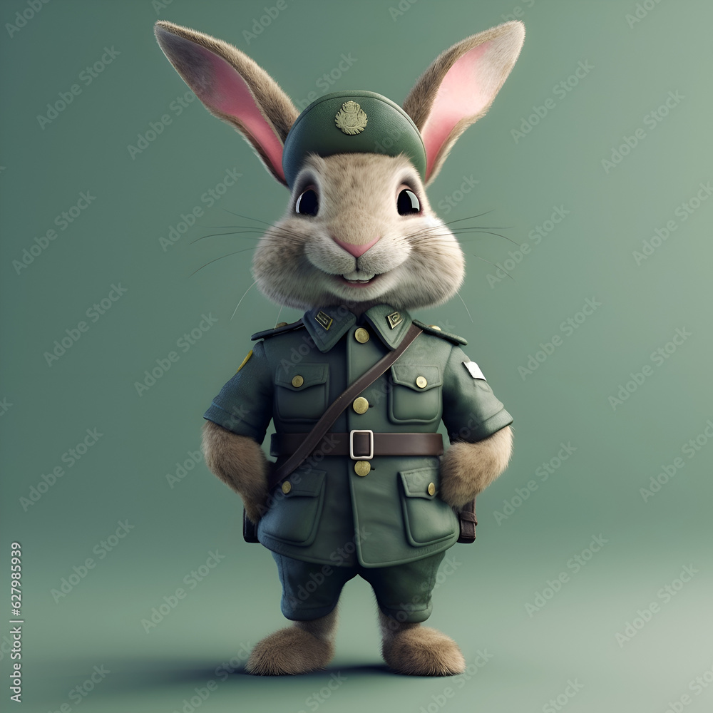 rabbit dressed as a soldier with green uniform. 3d rendering Stock ...