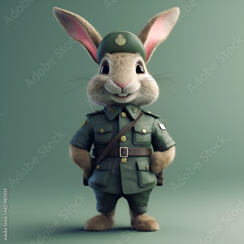 rabbit dressed as a soldier with green uniform. 3d rendering Fototapet