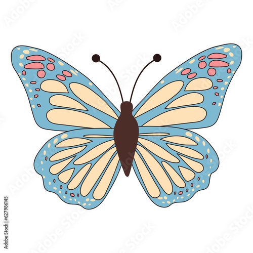 Groovy butterfly. Boho Summer retro colours butterfly icon. Hippie psychedelic element.