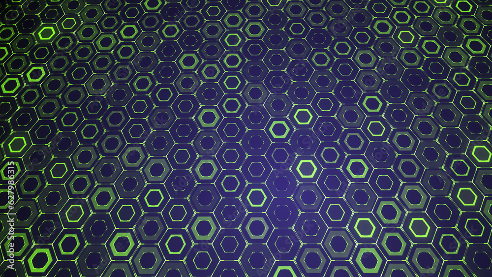 Abstract technology background with green luminous hexagons