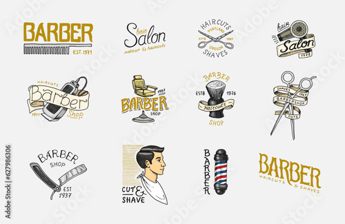 Barber shop badge and label, logo and hipster emblems. Tools for man icon. Haircut of beard and mustache. Brush and razor for shaving. Engraved hand drawn in old vintage sketch.