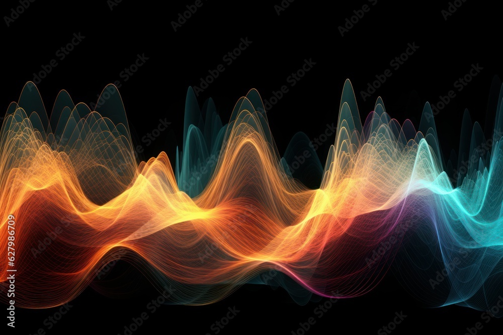 Audio waveform abstract technology background, blue and orange abstract wireframe illustration of sound waves