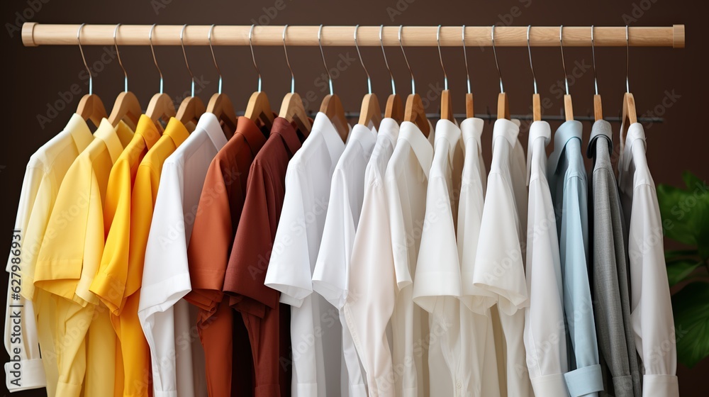 a wooden hanger displays a collection of shirts in diverse colors a wooden hanger displays a collection of shirts in diverse colors