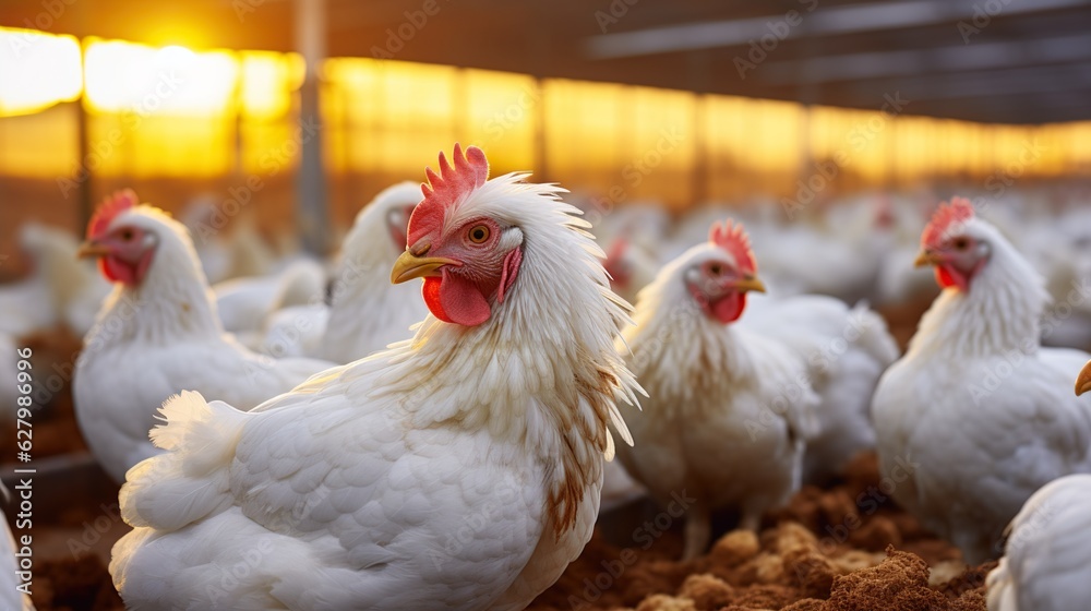 Fototapeta premium White chickens are raised in a smart farming business, where they are automatically fed against a yellow light background
