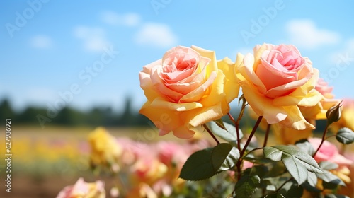 yellow roses on a blue cloud background