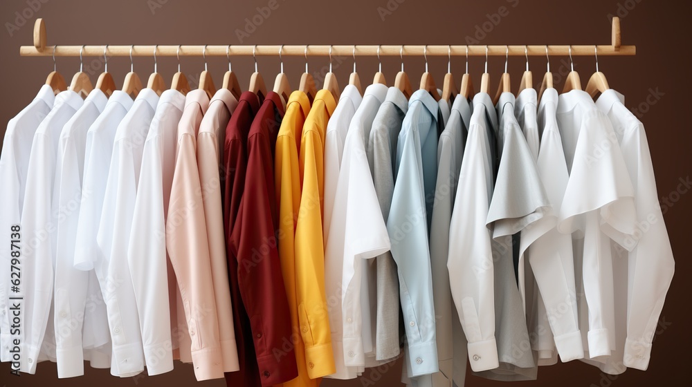 a wooden hanger displays a collection of shirts in diverse colors