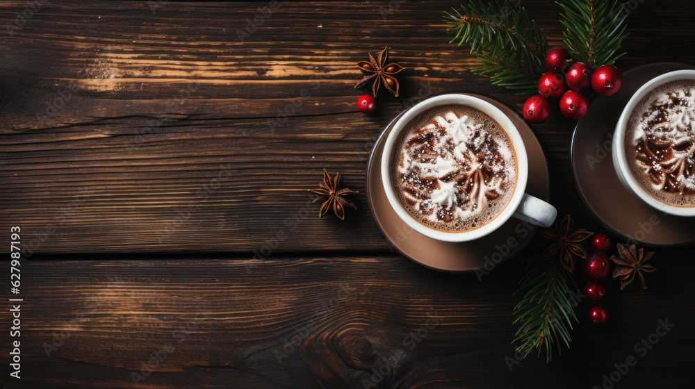 Delicious fresh festive morning cappuccino coffee in a ceramic blue cup on the warm cover with little wrapped gifts, red ornamentals, fireflies and spruce branches Delicious fresh festive morning cappuccino coffee in a ceramic blue cup on the warm cover with little wrapped gifts, red ornamentals, fireflies and spruce branches