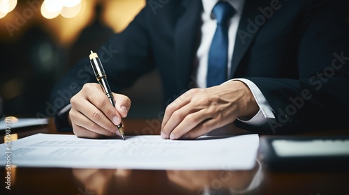 A businessman signing a document portrayed with subtle lighting contrasts in the image