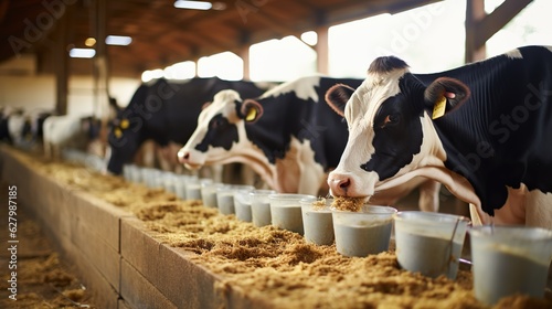 The cows in a barn filled with straw are captured using focus stacking