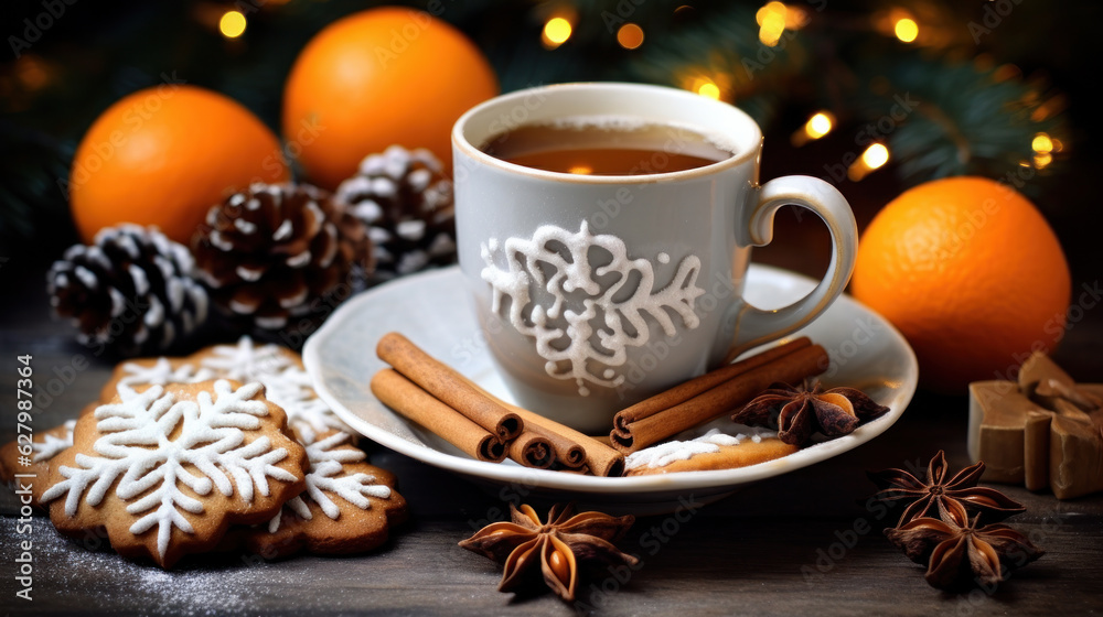 Hot drink cocktail for New Year, Christmas, winter or autumn holidays. Toddy. Mulled pear cider or spiced tea or grog with lemon, pear, cinnamon, anise, cardamom, rosemary. Hot drink cocktail for New Year, Christmas, winter or autumn holidays. Toddy. Mulled pear cider or spiced tea or grog with lemon, pear, cinnamon, anise, cardamom, rosemary.