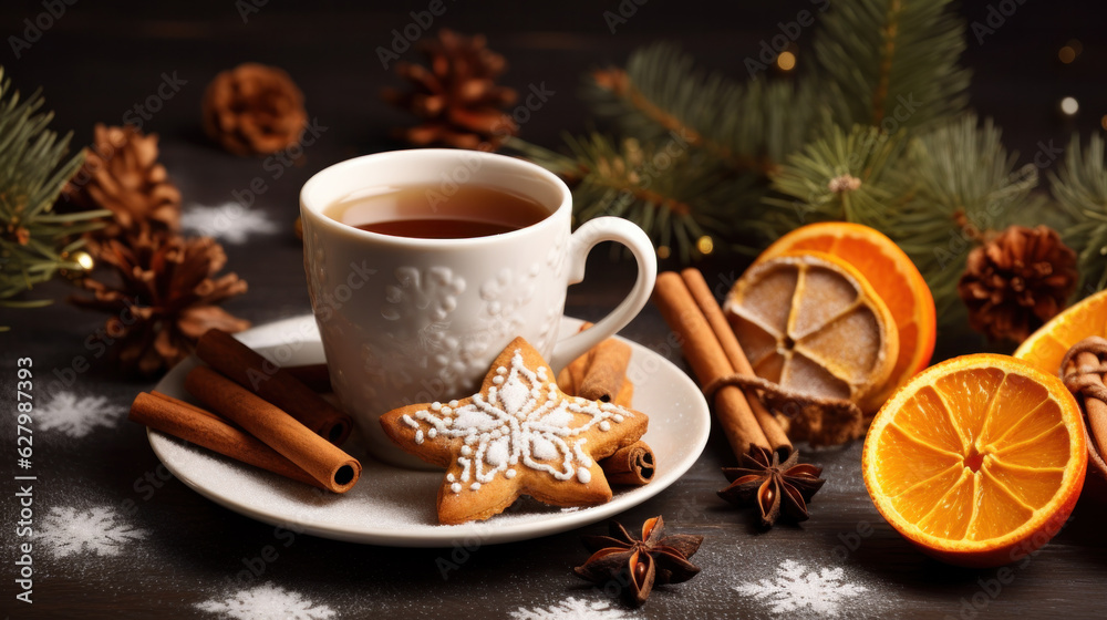 Hot drink cocktail for New Year, Christmas, winter or autumn holidays. Toddy. Mulled pear cider or spiced tea or grog with lemon, pear, cinnamon, anise, cardamom, rosemary. Hot drink cocktail for New Year, Christmas, winter or autumn holidays. Toddy. Mulled pear cider or spiced tea or grog with lemon, pear, cinnamon, anise, cardamom, rosemary.