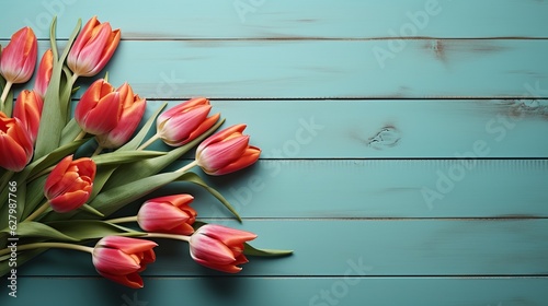 A beautiful arrangement of orange tulips sits on a blue table #627987766