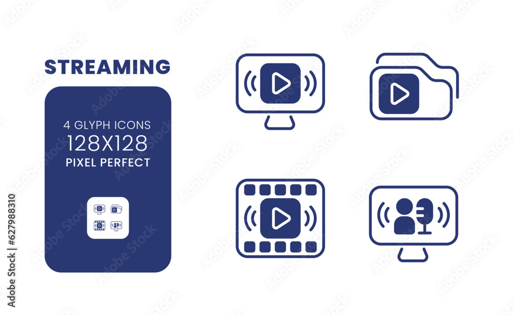 Streaming black solid desktop icons pack. Media content. Live tv. Online broadcasting platform. Pixel perfect 128x128, outline 4px. Symbols on white space. Glyph pictograms. Isolated vector images Streaming black solid desktop icons pack. Media content. Live tv. Online broadcasting platform. Pixel perfect 128x128, outline 4px. Symbols on white space. Glyph pictograms. Isolated vector images