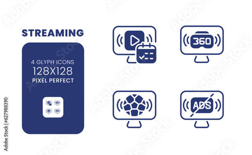Streaming black solid desktop icons pack. Watching content online. Sports broadcasting. Pixel perfect 128x128, outline 4px. Symbols on white space. Glyph pictograms. Isolated vector images