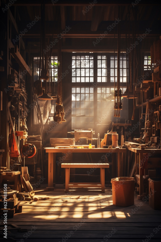 Modern Wood Shop, Work Shop With Tools Hanging on the Wall, A Room By the Window, Well Lit by Natural Light. Generative AI