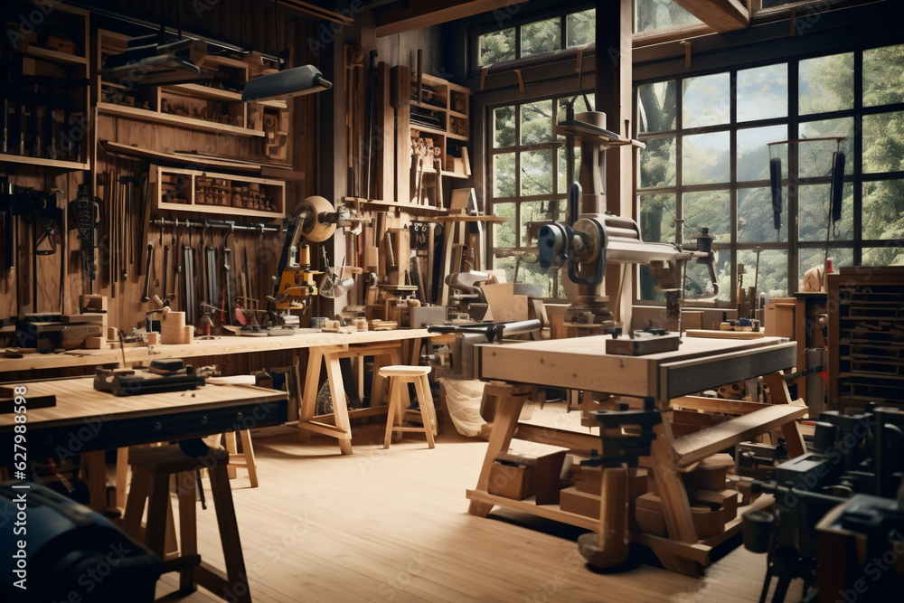 Modern Wood Shop, Work Shop With Tools Hanging on the Wall, A Room By the Window, Well Lit by Natural Light. Generative AI Modern Wood Shop, Work Shop With Tools Hanging on the Wall, A Room By the Window, Well Lit by Natural Light. Generative AI