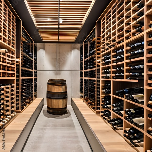 A modern wine cellar with floor-to-ceiling wine racks, a tasting area, and a wine barrel table5 photo