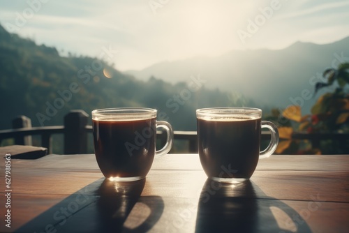 Coffee wood table sunrise. Generate Ai