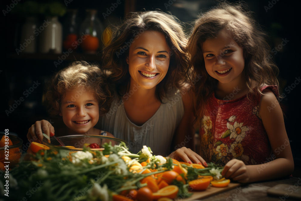 Healthy food at home. Happy family in the kitchen. Grandma, mother and child daughter are preparing vegetables.