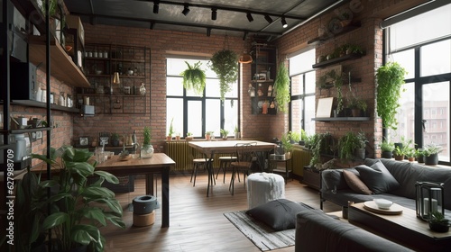 Futuristic capsule apartment interior with cozy vibe and brick wall