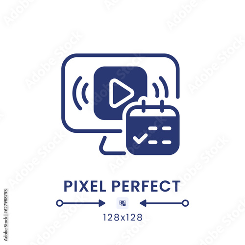 Watch Event black solid desktop icon. Pre-recorded broadcast. Streaming service feature. Pixel perfect 128x128, outline 4px. Silhouette symbol on white space. Glyph pictogram. Isolated vector image photo