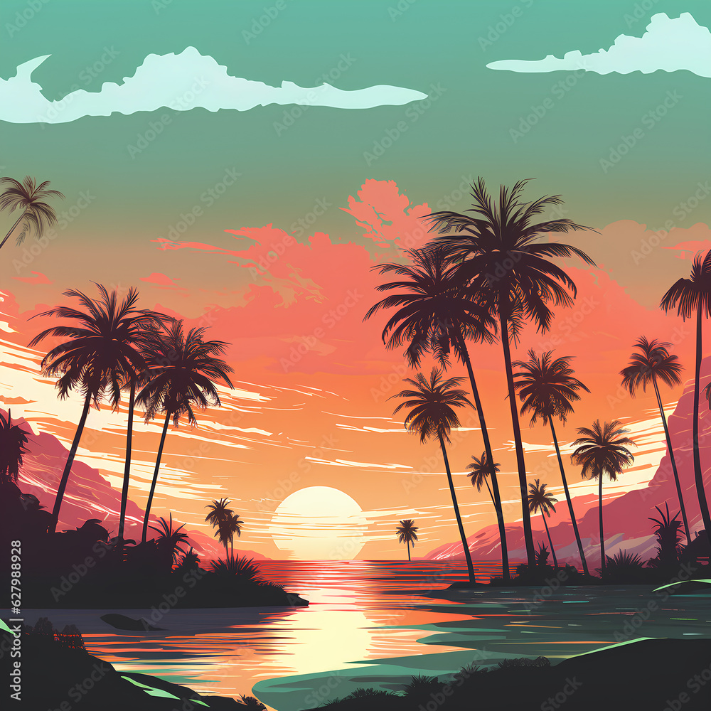 Summer Sunset Palm Trees and Sea