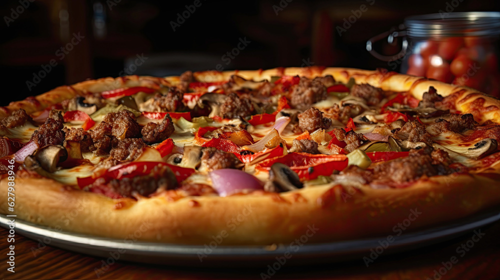 Deep dish pizza with sausage, peppers, and mushrooms - Generative AI
