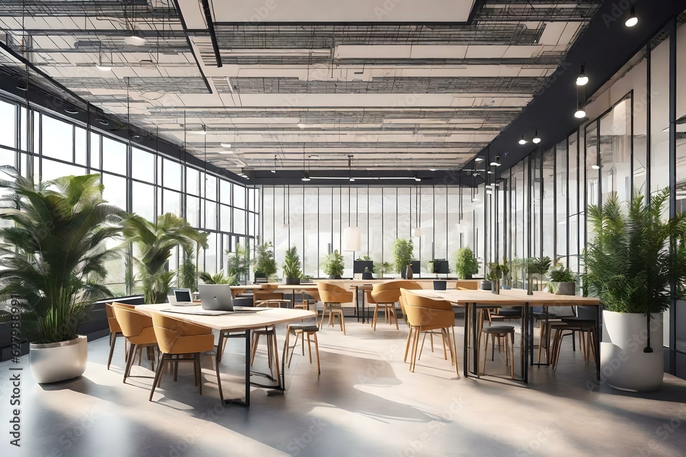 illustration of interior design of modern workspace with stylish ceiling and tables with chairs and potted plants indoor