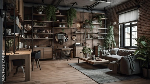 Modern and bohemian style studio apartment interior with wooden details 