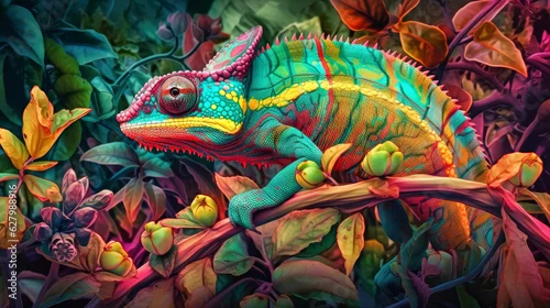 Fototapeta Surreal chameleon in vibrant colors - Generative AI