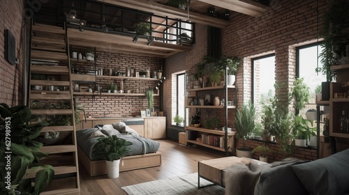 Modern studio apartment interior with white details and plants